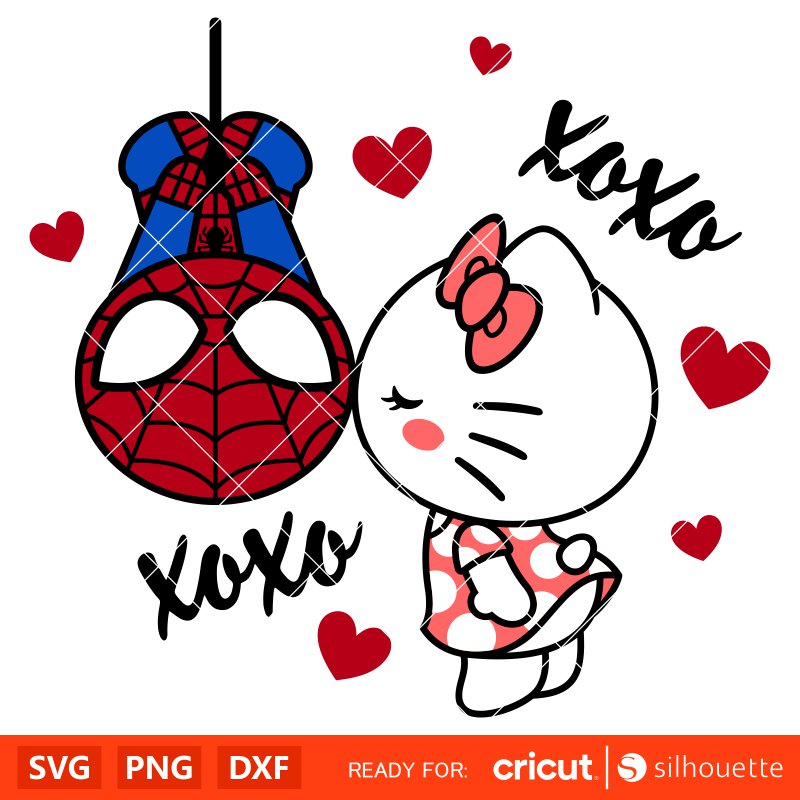 Spider-Man Kissing Hello Kitty Svg, Valentine’s Day Svg, Sanrio Valentine Svg, Kawaii Svg, Cricut, Silhouette Vector Cut File