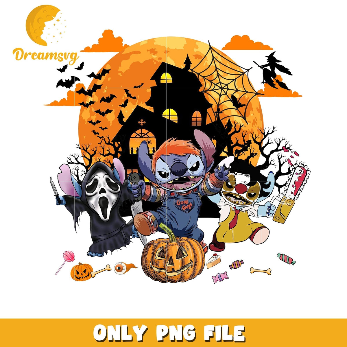 Stitch scary horror killers png, Disney friends halloween vibes png