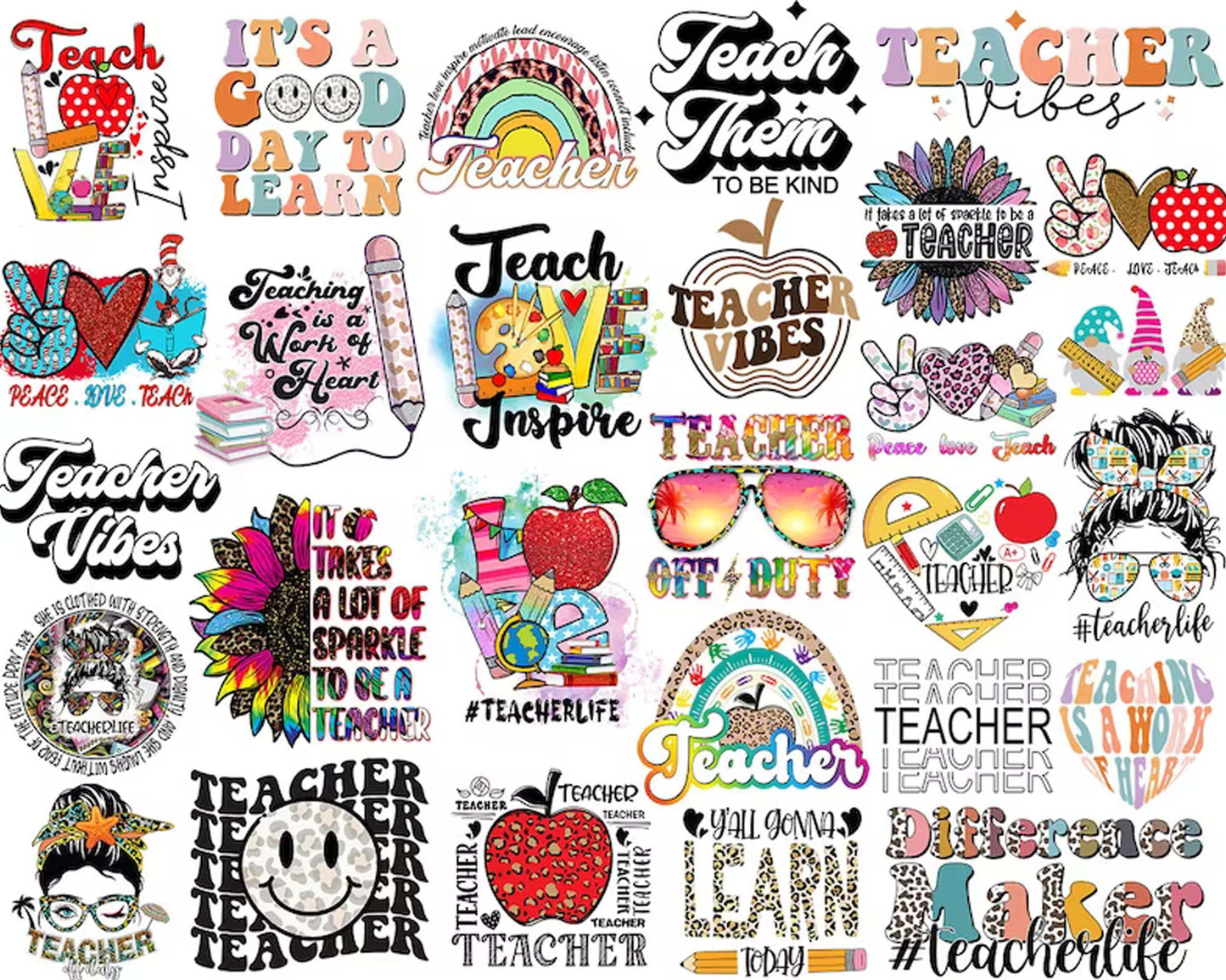 Teacher png bundle appreciation sublimation designs Teach Love Inspire Vibes off duty life work of Heart last day school gonna learn rainbow