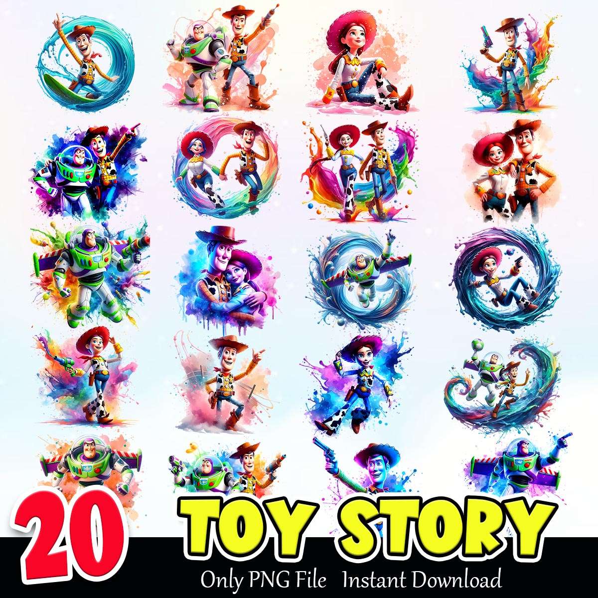 Toy Story Splash Watercolor Bundle PNG Instant Download