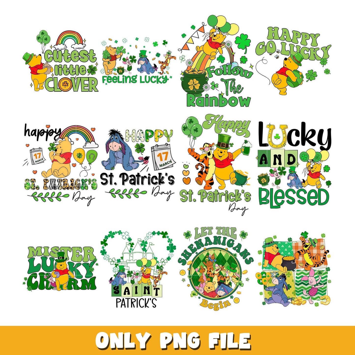 Winnie the pooh Friends Bom Lucky st Patrick bundle png, Winnie the pooh png, Disney cartoon png, Digital download
