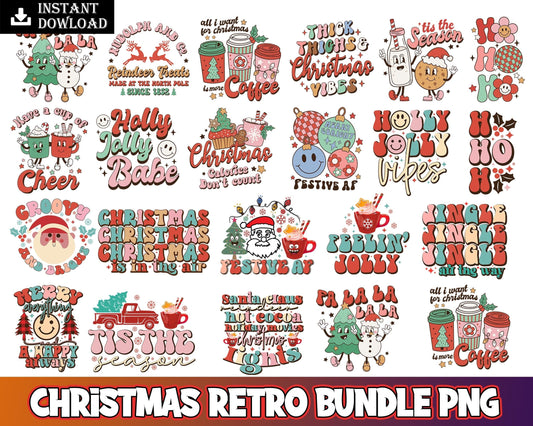 95+ Retro Christmas bundle, Christmas digital bundle, Designs bundle in PNG formats.
