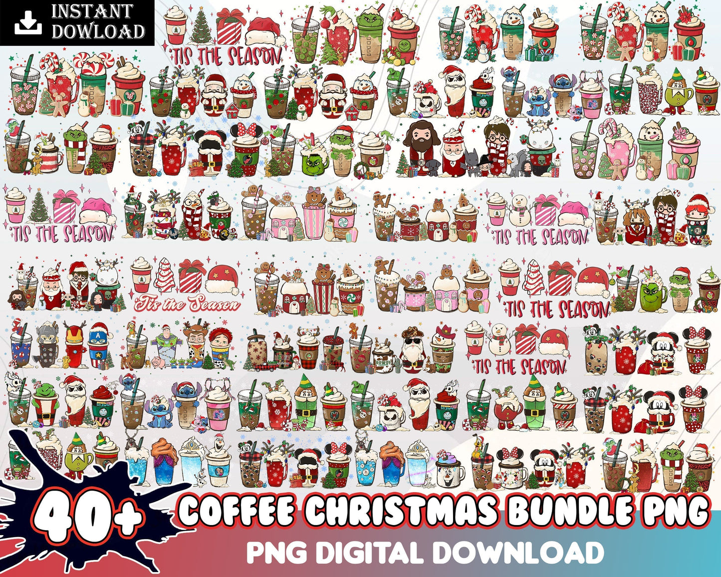 40+ Christmas coffee PNG bundle, Christmas cafe digital bundle, designs bundle in PNG formats, Digital files CRM05112204
