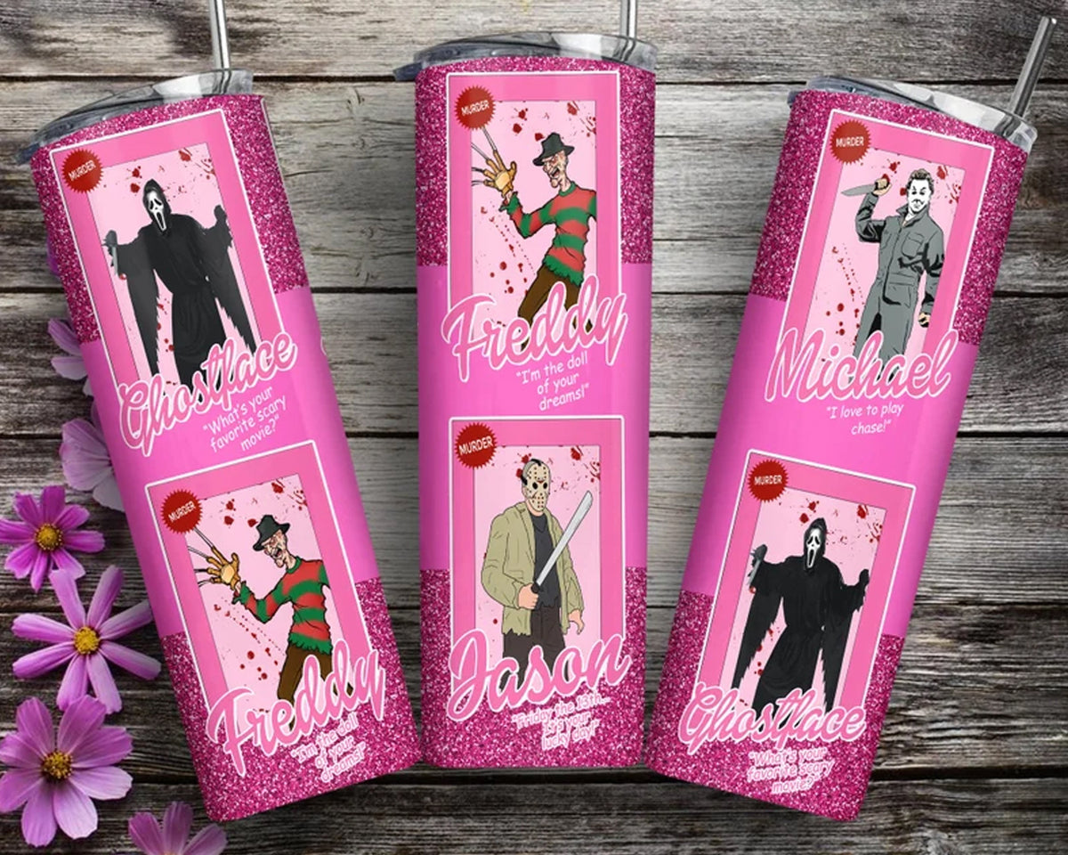 Horror Characters 20oz Tumbler Wrap Png, Halloween PNG, Pink Doll PNG