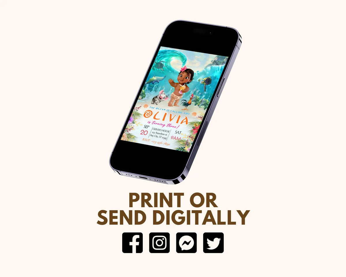 Baby Moana Birthday Invitation, Editable Digital Hawaiian Moana Birthday Invite, Kids Theme Party Invitation, Digital Baby Moana Template