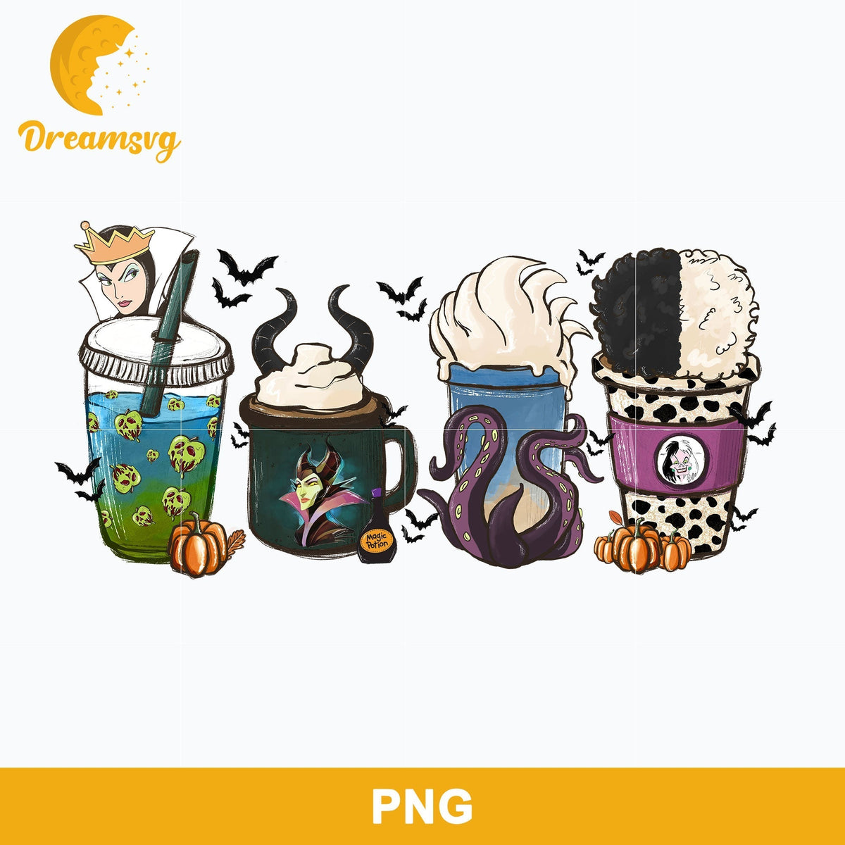 Villains Halloween Coffee Latte PNG, Horror Fall Coffee PNG, Disney Villains PNG.