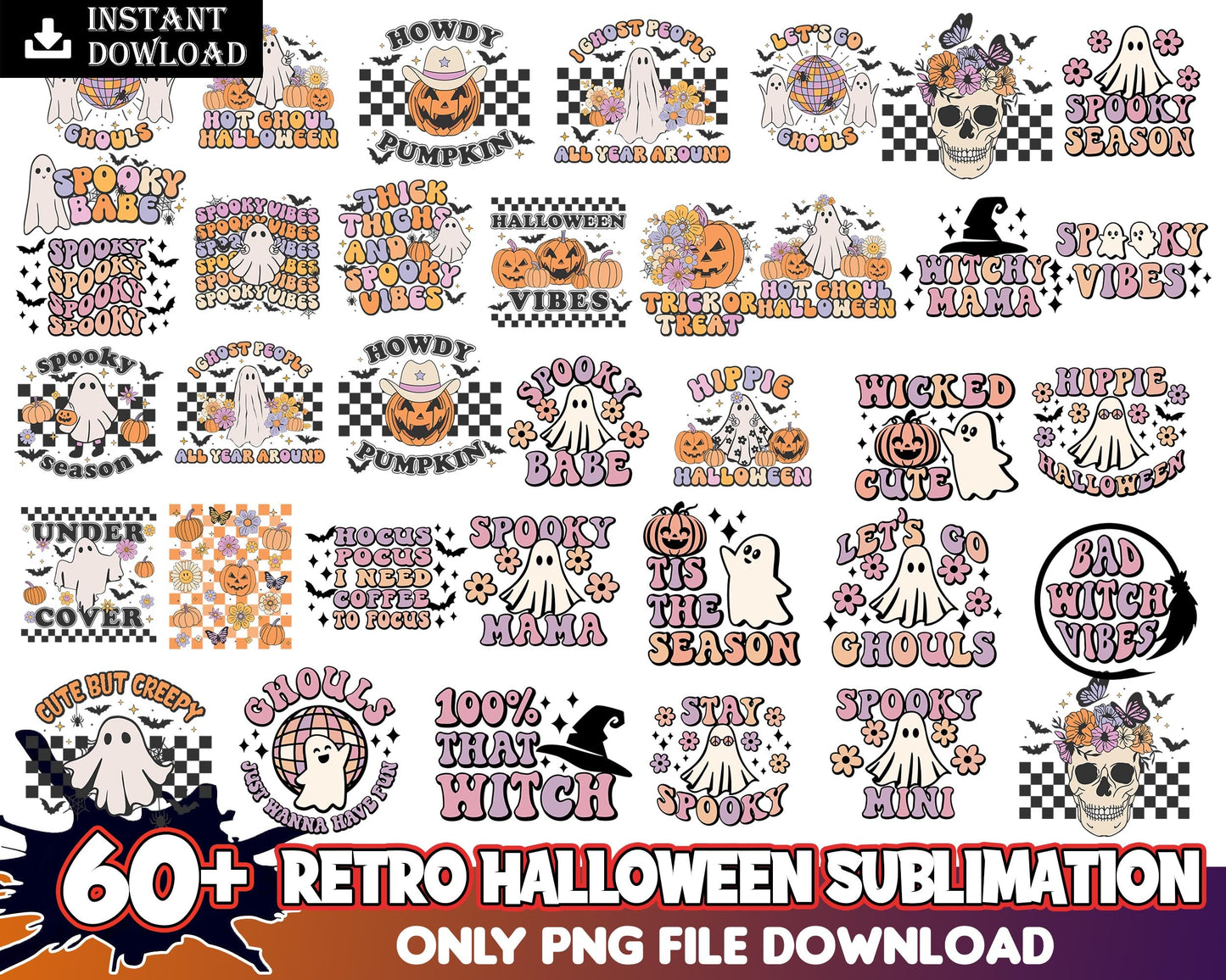 60+ Retro halloween bundle, Christmas digital bundle, Designs bundle in PNG formats.