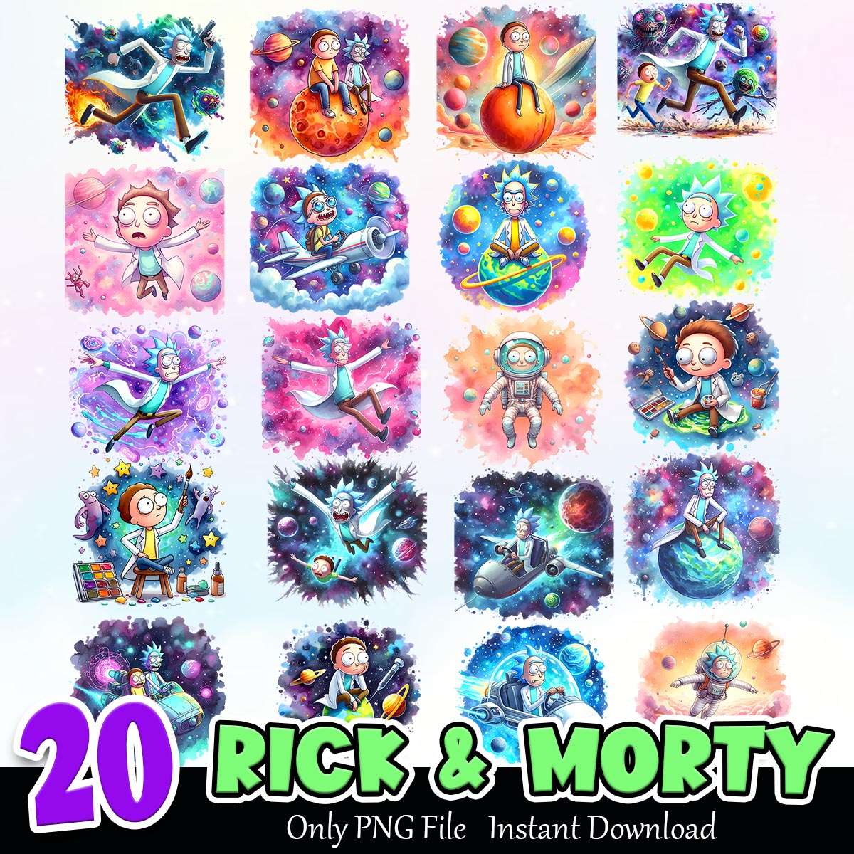 Rick And Morty Splash Watercolor Bundle PNG Instant Download