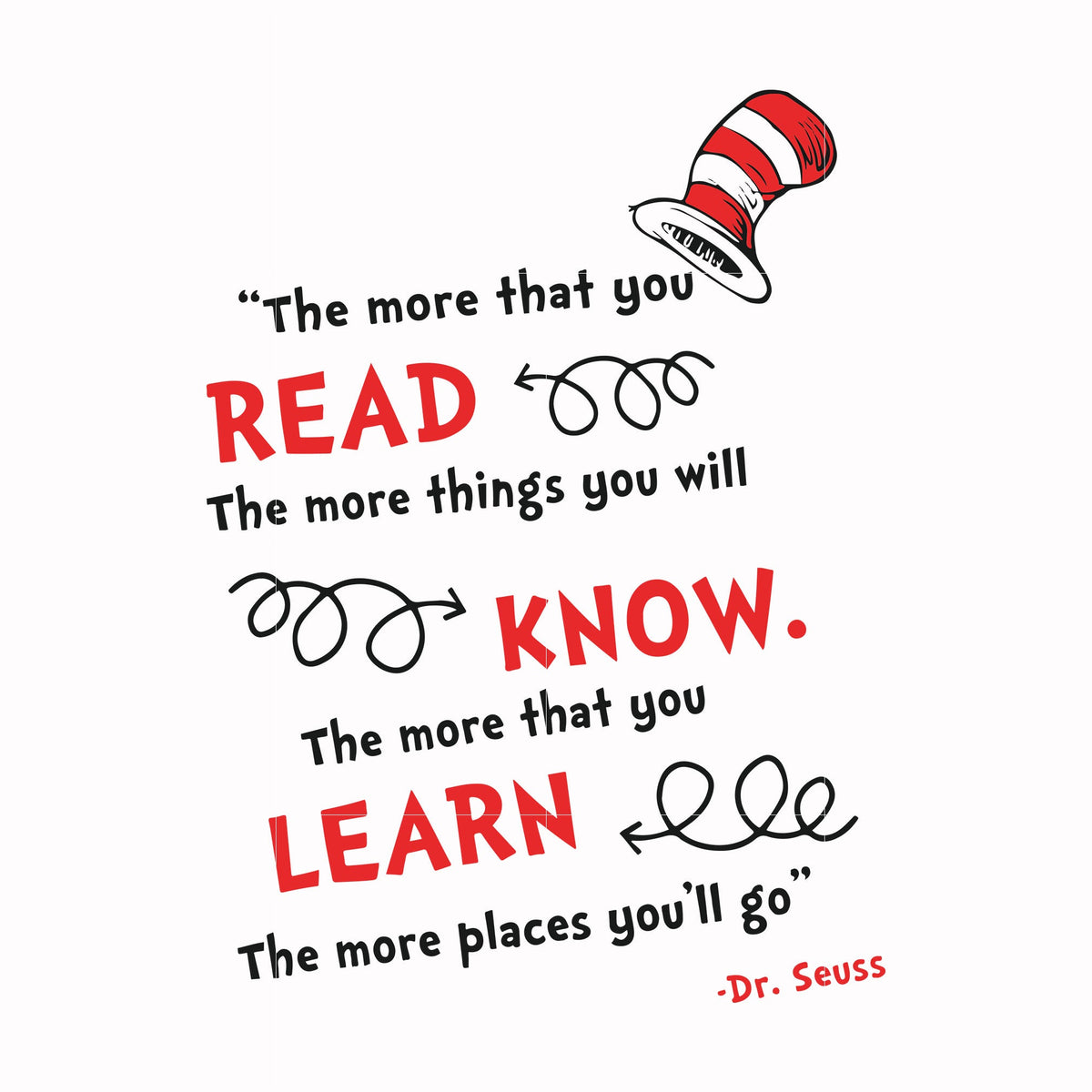 The more that you read the more things you will know the more that you learn the more places you'll go svg, png, dxf, eps file DR000107