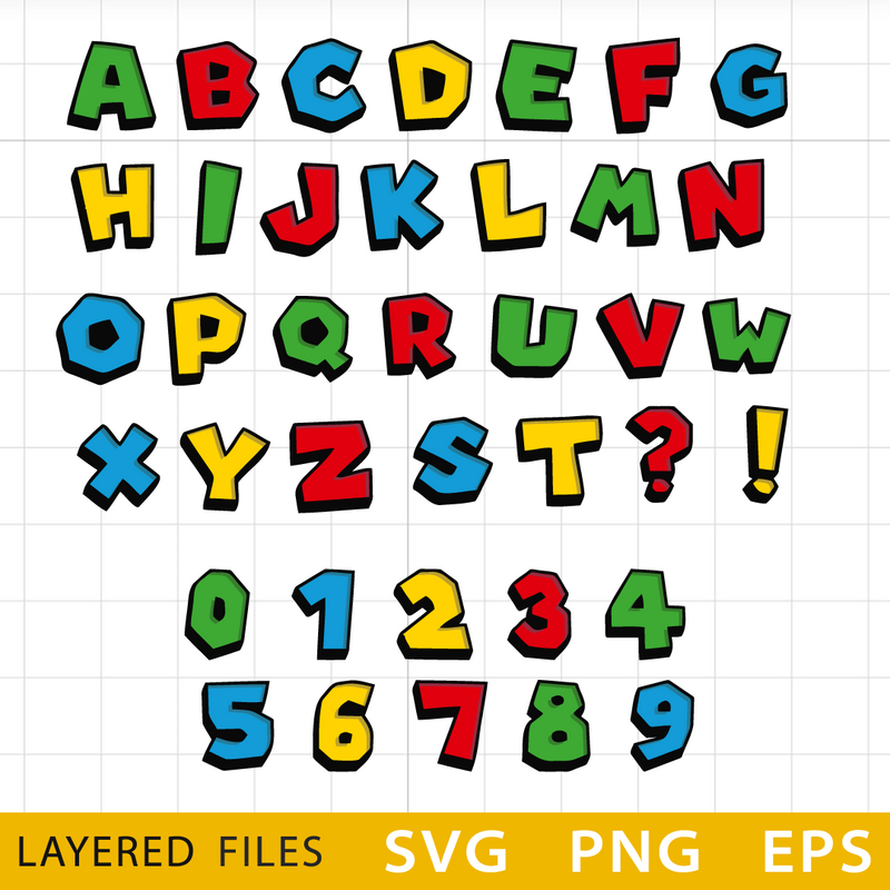 Mario Font SVG, Mario Letters SVG, Mario Numbers SVG, Mario Alphabet SVG
