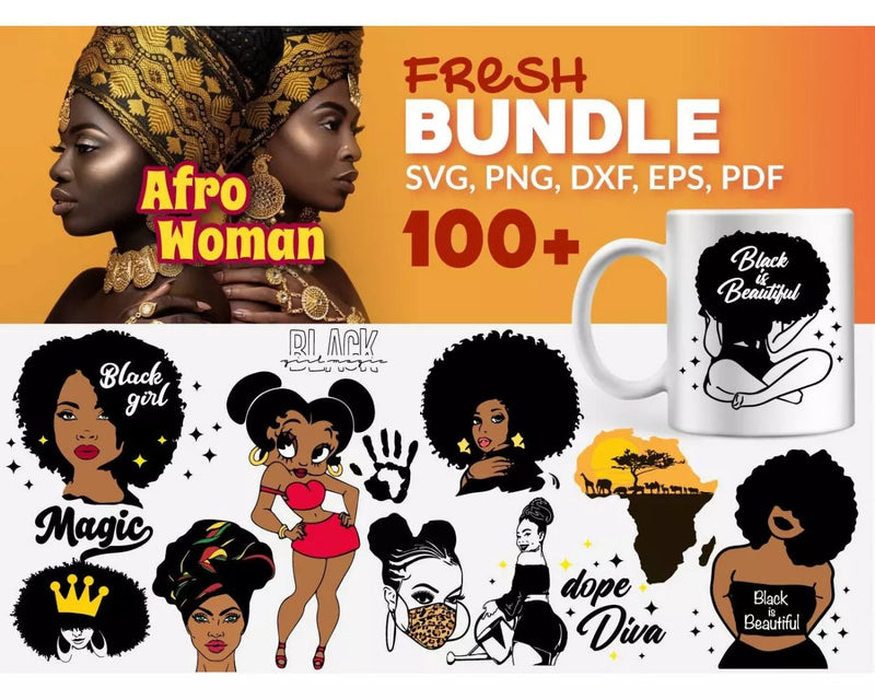 Afro Woman Clipart Bundle, PNG & SVG Files for Cricut & Silhouette