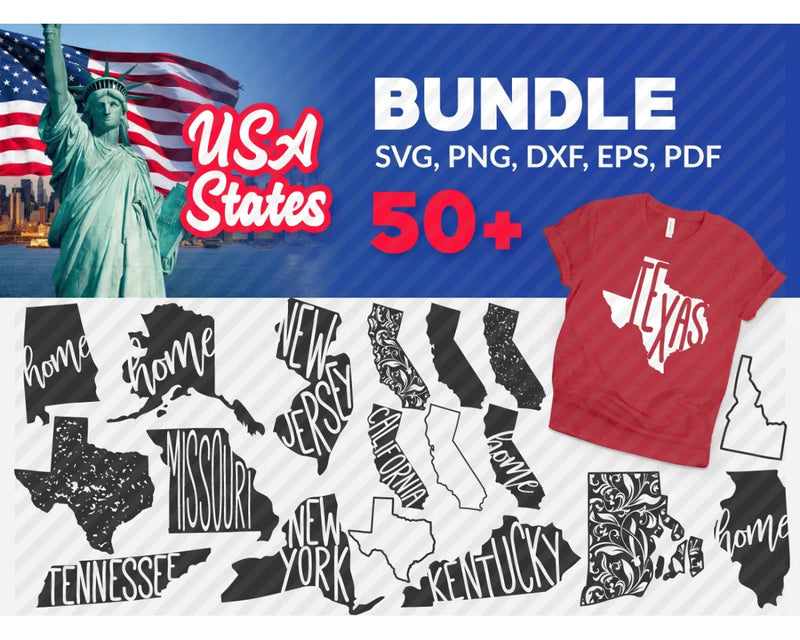 USA States PNG & SVG Bundle, 50+ Files For Cricut & Silhouette