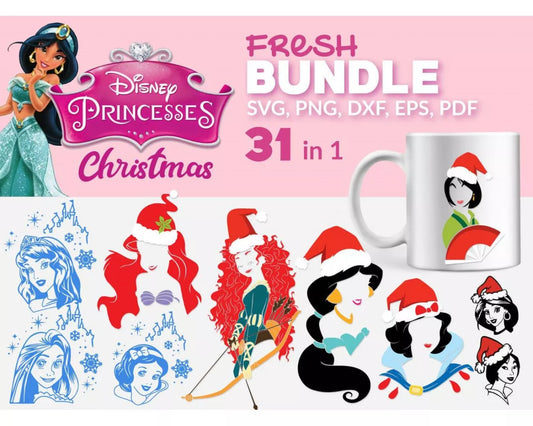Princess Christmas Clipart Bundle, Disney Princess Christmas Svg for Cricut, Silhouette Vector Cut Files