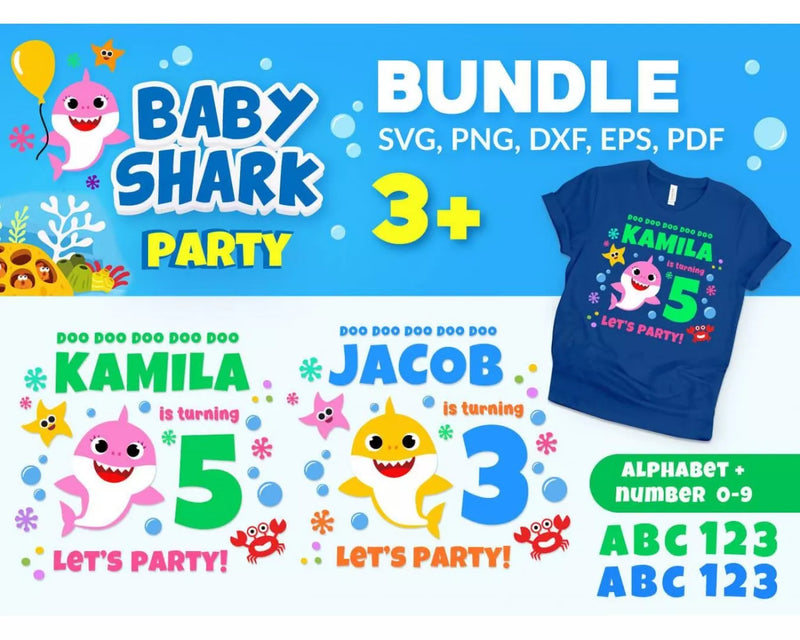 Baby Shark Party Clipart Bundle, PNG & SVG Files for Cricut / Silhouette