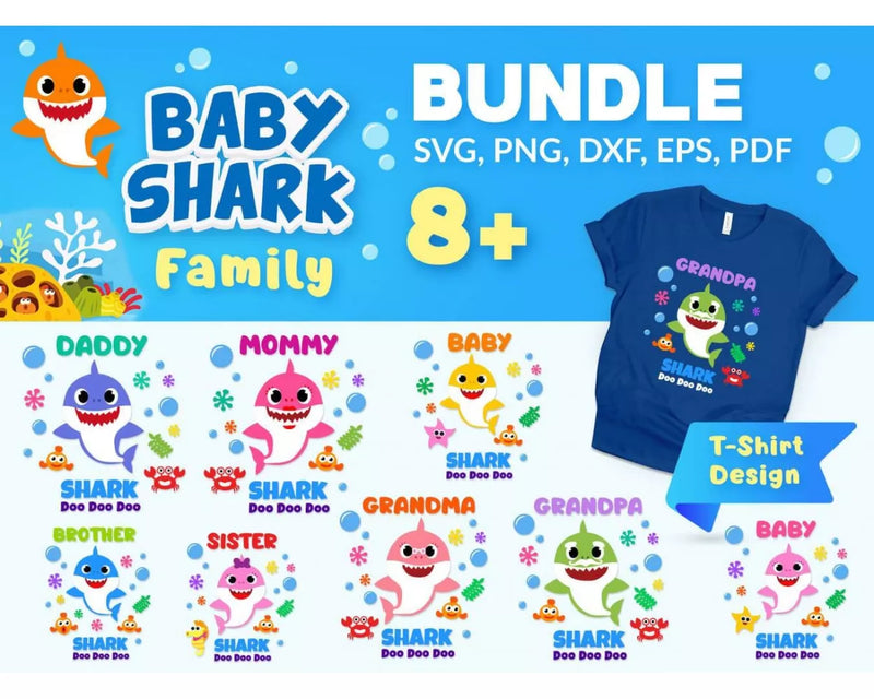 Baby Shark Family Clipart Bundle, PNG & SVG Cut Files for Cricut & Silhouette