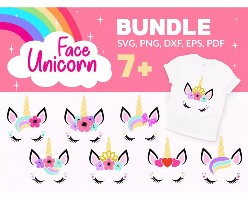 Unicorn Face Clipart Bundle, PNG & SVG Cut Files for Cricut & Silhouette