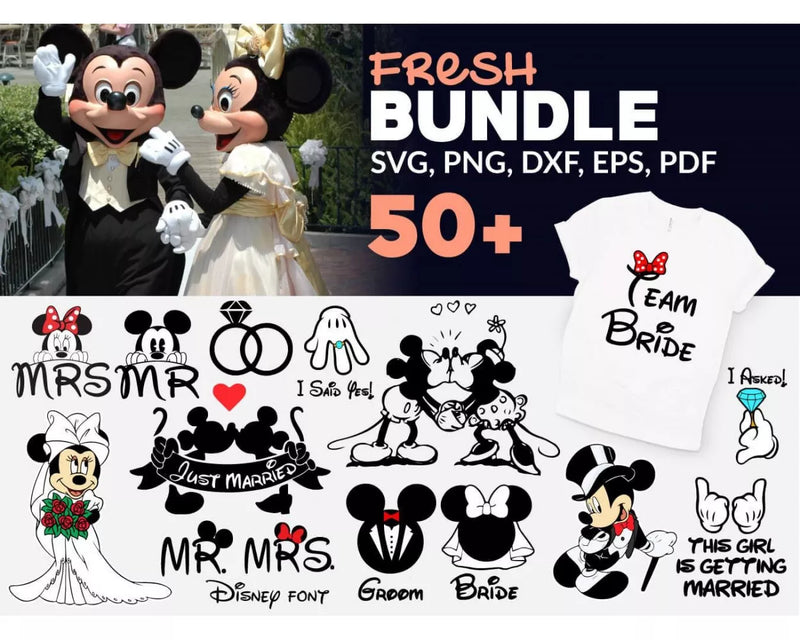 Mickey Wedding Clipart Bundle, Mickey & Minnie Just Married SVG For Cricut, Disney Just Married Svg for Cricut, Silhouette Vector Cut Files