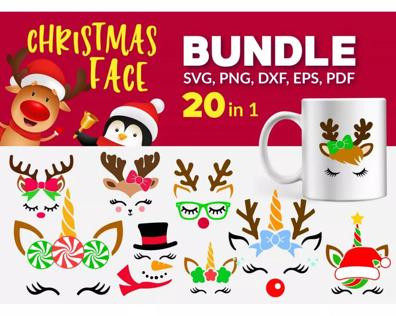 Christmas Reindeer SVG, Christmas Face SVG For Cricut & Silhouette, Christmas Reindeer PNG