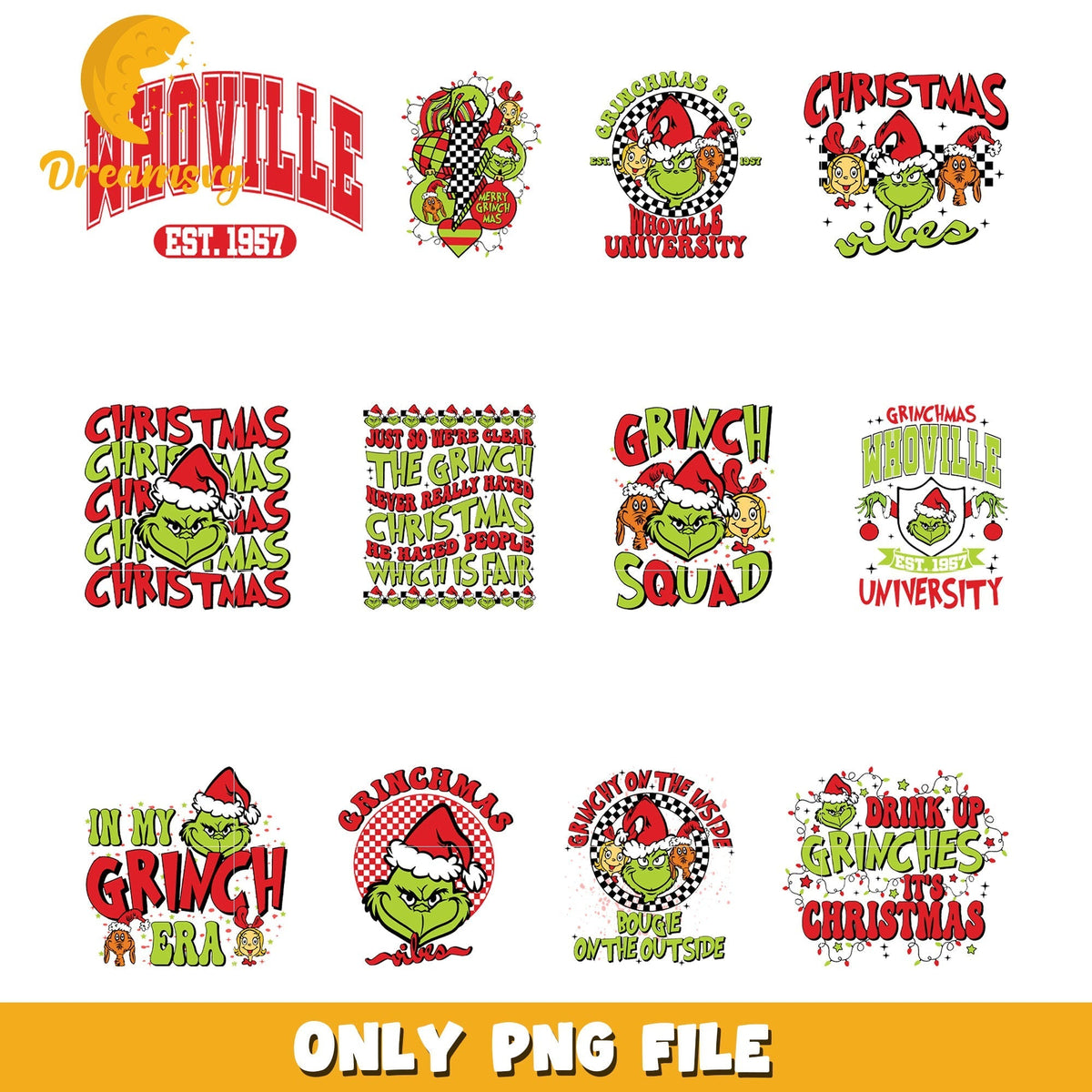 Grinch face christmas bundle png, grinch santa hat png, grinchmas png