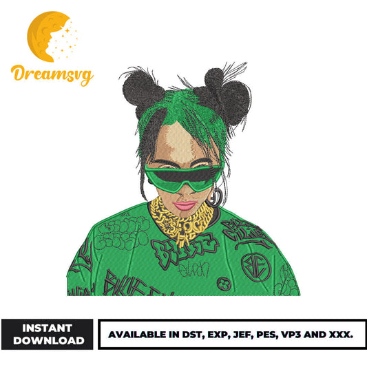 Billie Eilish Double Bun Kids Green Wig embroidery design