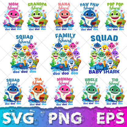 Baby Shark SVG Bundle +500 Files, Family Baby Shark Alphabet SVG, Cartoon Family Shark PNG Files, For Cricut and Silhouette
