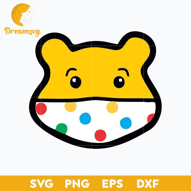 Pudsey Bear Face Mask SVG, Red Nose Day SVG, Cartoon SVG