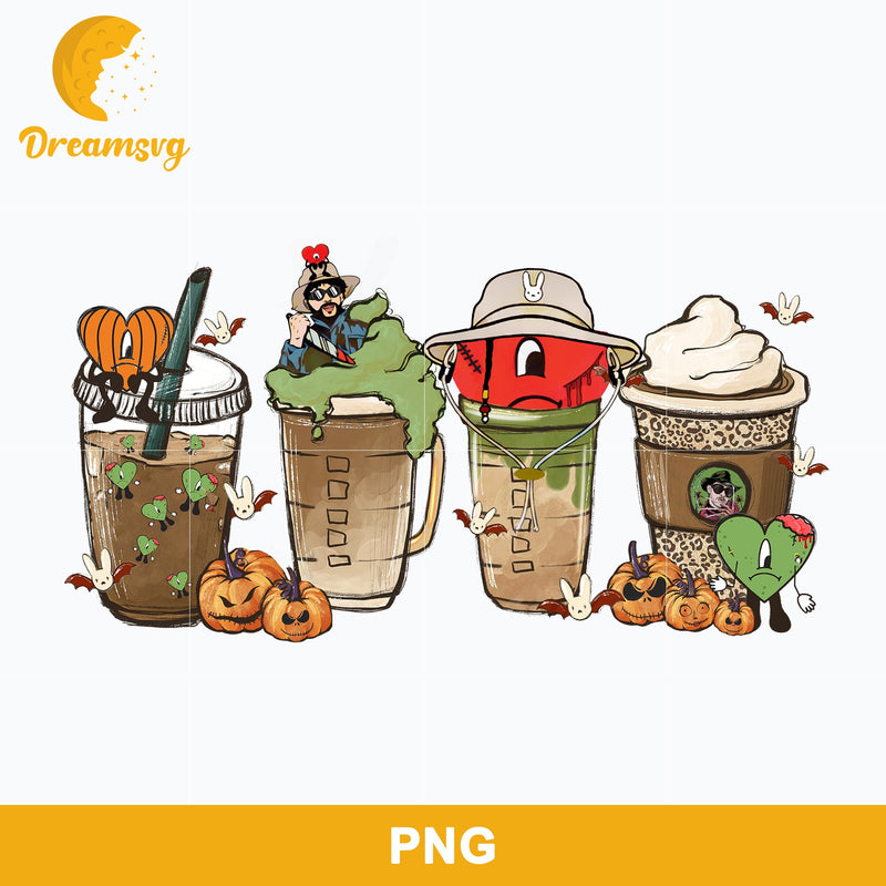 Bad Bunny Pumpkin Coffee Png, Halloween Bunny Coffee Png.