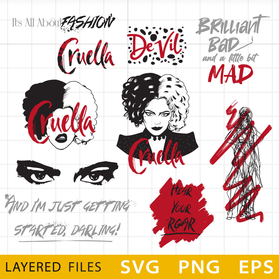 Cruella Layered SVG, Cruella Cricut files, Cruella Cut files, Cruella PNG vector files, Cruella Digital