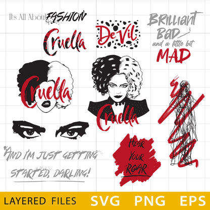 Cruella Layered SVG, Cruella Cricut files, Cruella Cut files, Cruella PNG vector files, Cruella Digital