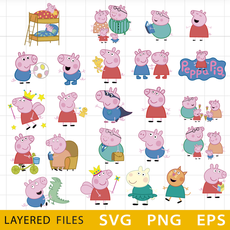 Peppa Pig SVG Bundle, Peppa Pig Cricut file, Cut files, Layered digital vector file, Peppa Pig PNG