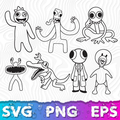 Rainbow Friends Outline SVG Bundle, Rainbow Friends Cricut Files, Rainbow Friends PNG, Rainbow Friends Coloring Pages