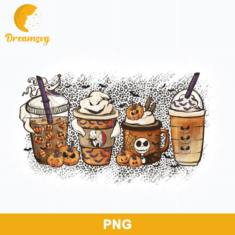 Jack Skellington Coffee Latte Png, Iced Coffee Cheetah Leopard Png, Halloween Coffee Png Sublimation.