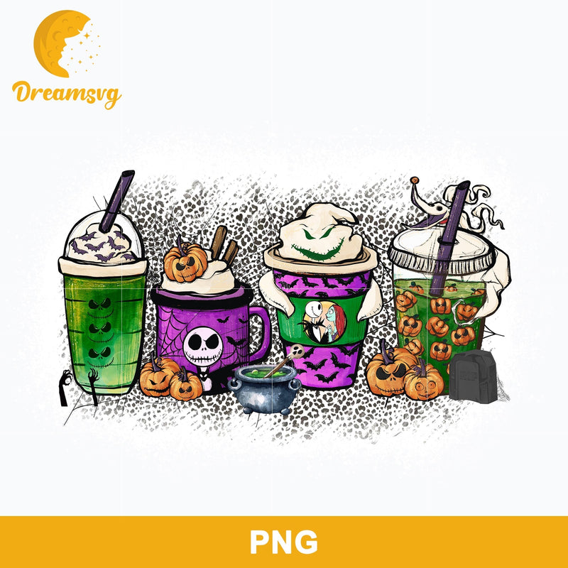 Jack Skellington Coffee Latte Png, Iced Coffee Cheetah Leopard Png, Halloween Coffee Png Sublimation.