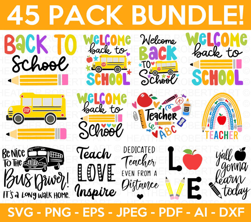 Back to School SVG Bundle, 45 Cliparts for Cricut / Silhouette