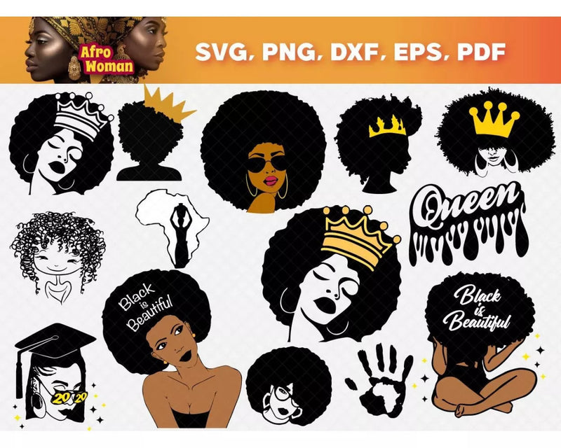 Afro Woman Clipart Bundle, PNG & SVG Files for Cricut & Silhouette