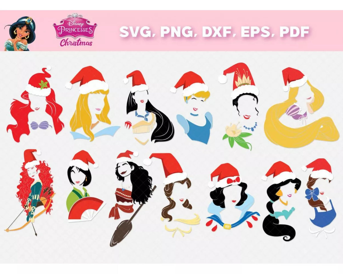 Princess Christmas Clipart Bundle, Disney Princess Christmas Svg for Cricut, Silhouette Vector Cut Files