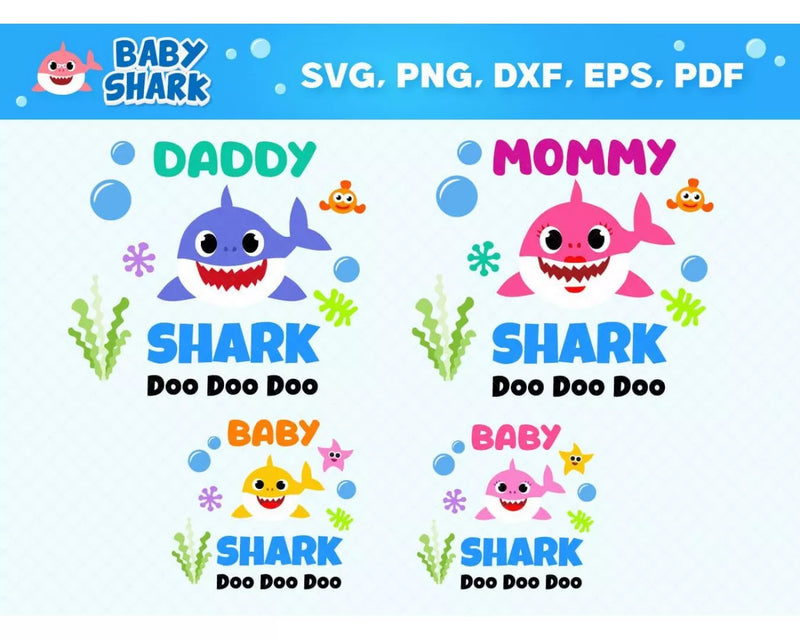 Baby Shark Family Clipart Bundle, PNG & SVG Cut Files for Cricut & Silhouette