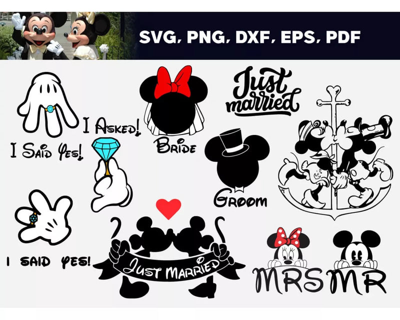 Mickey Wedding Clipart Bundle, Mickey & Minnie Just Married SVG For Cricut, Disney Just Married Svg for Cricut, Silhouette Vector Cut Files