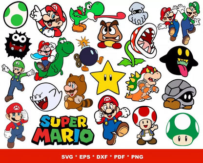 Super Mario Clipart Bundle, Mario SVG For Cricut, Super Mario Birthday SVG, Mario Silhouette Vector Cut Files