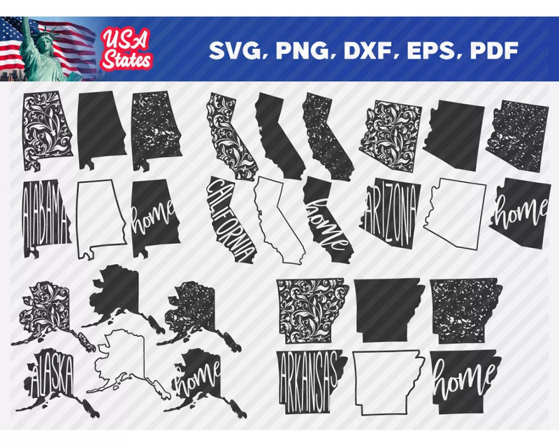 USA States PNG & SVG Bundle, 50+ Files For Cricut & Silhouette