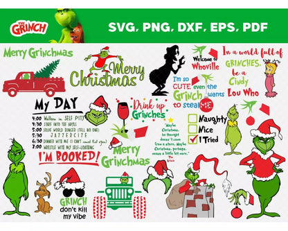 The Grinch 100+ Cliparts Bundle, Merry Grinchmas SVG Cut Files For Cricut / Silhouette, Grinch Christmas PNG