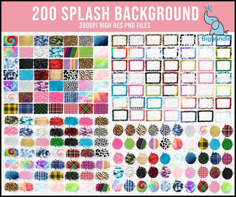 200 Huge Background Splash PNG sublimation design Bundle Clipart Frame, Digital Download, Leopard