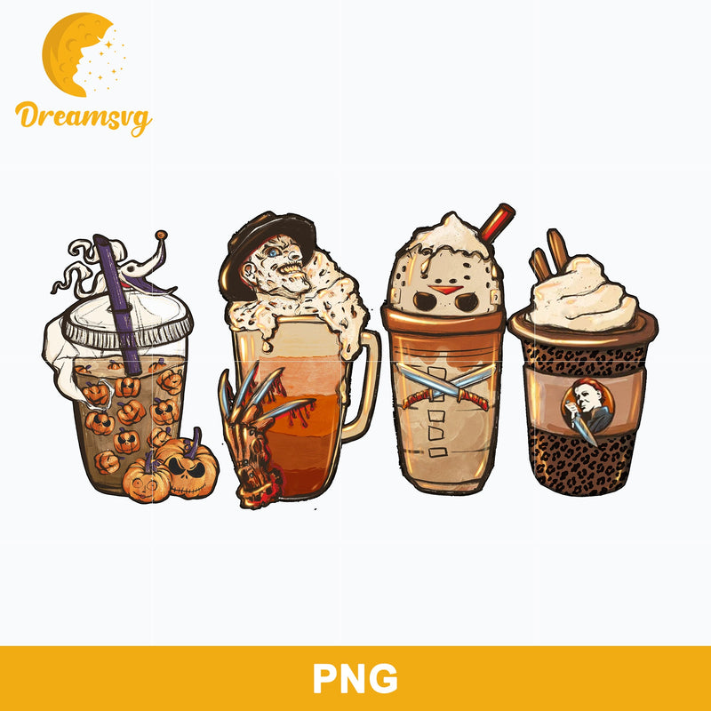 Horror Fall Coffee Pumpkin Spice Latte Png, Ghost Fall Coffee Png, Friends Horror Characters Png, Halloween Coffee Png Sublimation.