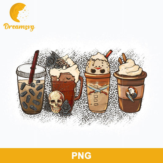 Horror Fall Coffee Pumpkin Spice Latte Png, Ghost Fall Coffee Png, Friends Horror Characters Png, Halloween Coffee Png Sublimation.