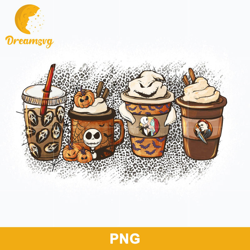 Horror Fall Coffee Pumpkin Spice Latte Png, Ghost Fall Coffee Png, Friends Horror Characters Png, Halloween Coffee Png Sublimation.