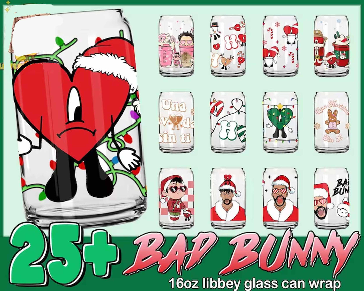 25+ Christmas Bad Bunny Glass Can Wrap PNG, Coffee Bad Bunny 16oz Png, Merry Christmas Tumbler Png, Bad Bunny Libbey Can Wrap Png