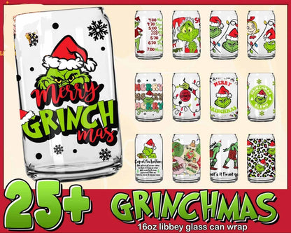 25+ Christmas Grinch Libbey Glass Can Wrap, Designs bundle in PNG formats, Digital files