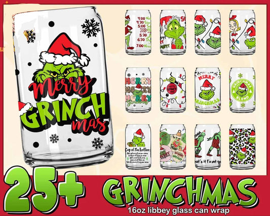 25+ Christmas Grinch Libbey Glass Can Wrap, Designs bundle in PNG formats, Digital files