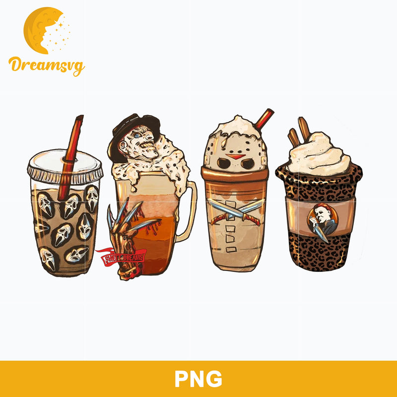 Horror Fall Coffee Pumpkin Spice Latte Png, Ghost Fall Coffee Png, Friends Horror Characters Png, Halloween Coffee Png Sublimation.