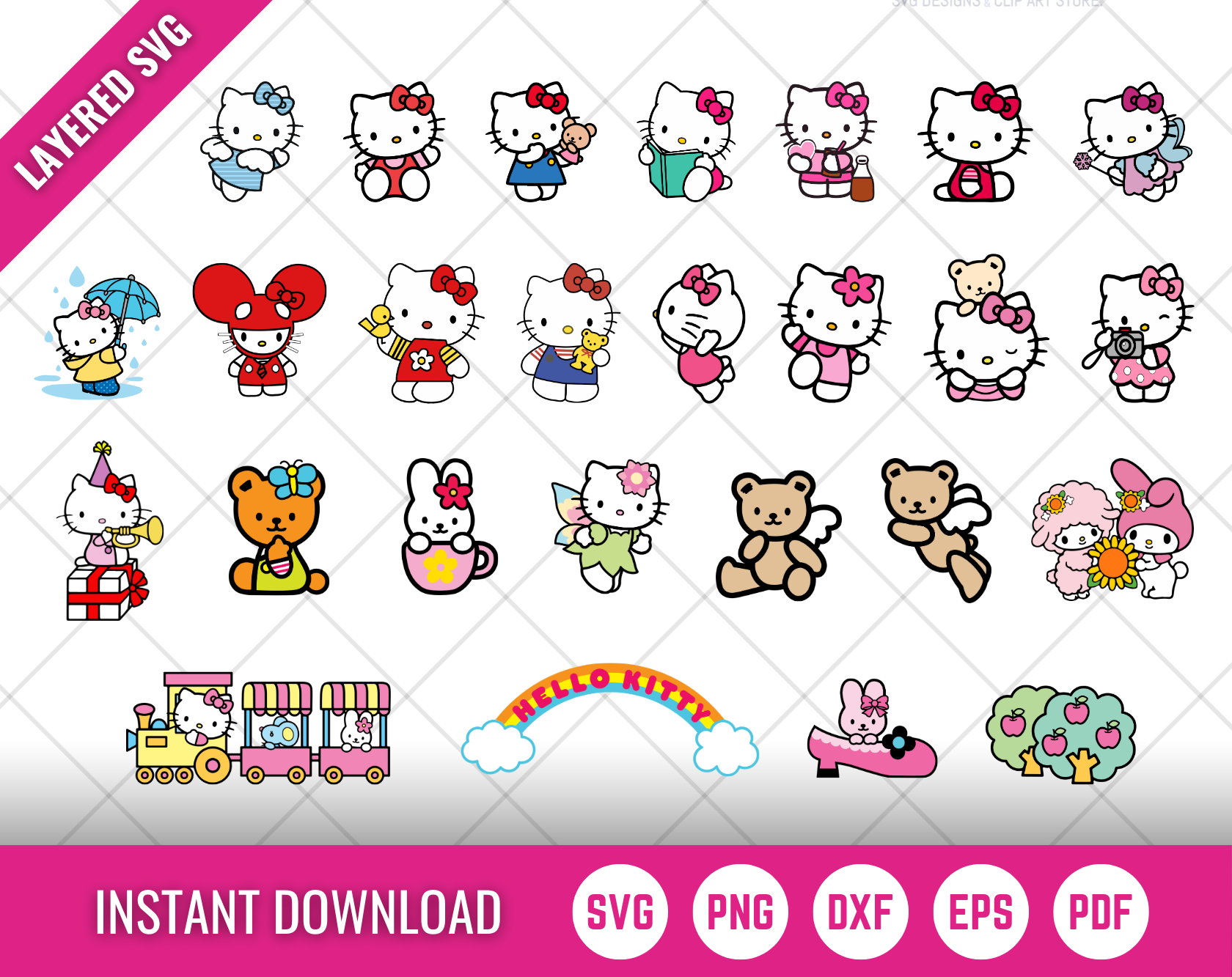 Hello Kitty Clipart Bundle, Hello Kitty SVG Cut Files For Cricut / Silhouette, Hello Kitty PNG